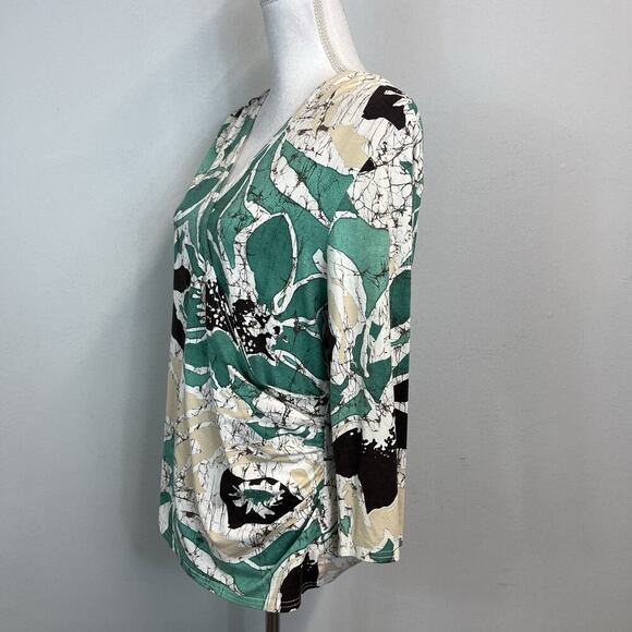 Coldwater Creek Blouse Top size Large Green Tan Floral Tropical Jersey Stretch - Picture 4 of 6